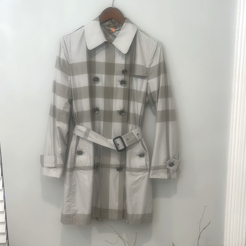 Burberry Brit Double Breasted Short Trench Coat Womens Size 10 Gray Crombridge N